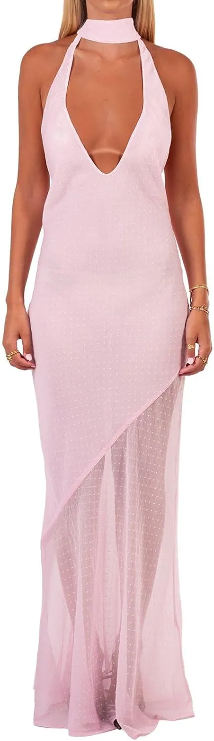 Women Polka Dot Summer Sundress Y2k V Neck Tie Back Spaghetti Strap Maxi Dress 2025 Slim Fit A Line Beachwear