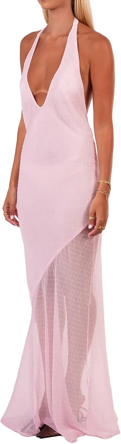 Women Polka Dot Summer Sundress Y2k V Neck Tie Back Spaghetti Strap Maxi Dress 2025 Slim Fit A Line Beachwear