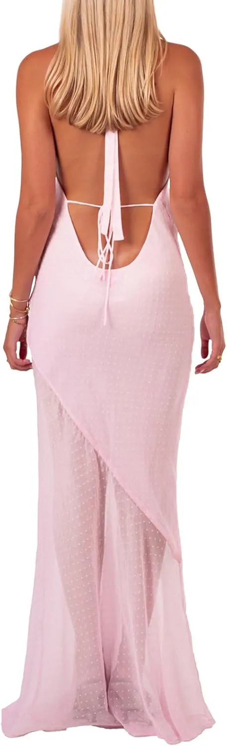 Women Polka Dot Summer Sundress Y2k V Neck Tie Back Spaghetti Strap Maxi Dress 2025 Slim Fit A Line Beachwear