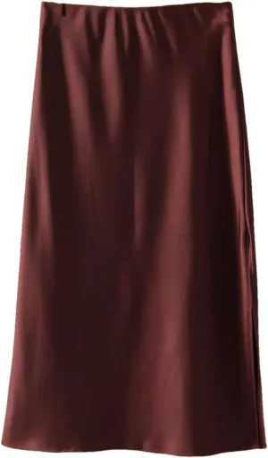 Women Satin Silk Skirt A-Line Solid Color Office High Waisted Midi Skirts with Slit