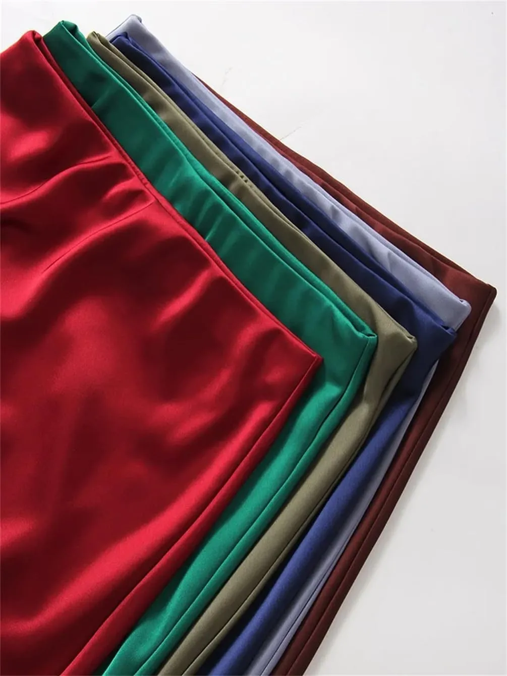 Women Satin Silk Skirt A-Line Solid Color Office High Waisted Midi Skirts with Slit