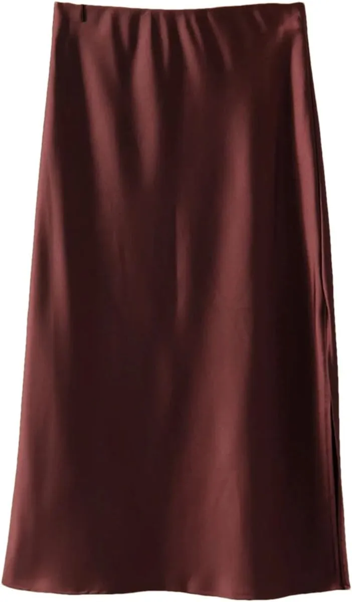 Women Satin Silk Skirt A-Line Solid Color Office High Waisted Midi Skirts with Slit