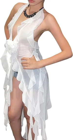 Women Sexy Ruffles Strapless Dress Mesh Floral Tassels Split Maxi Dress Ruched Bodycon Tube Long Dresses Party Outfits