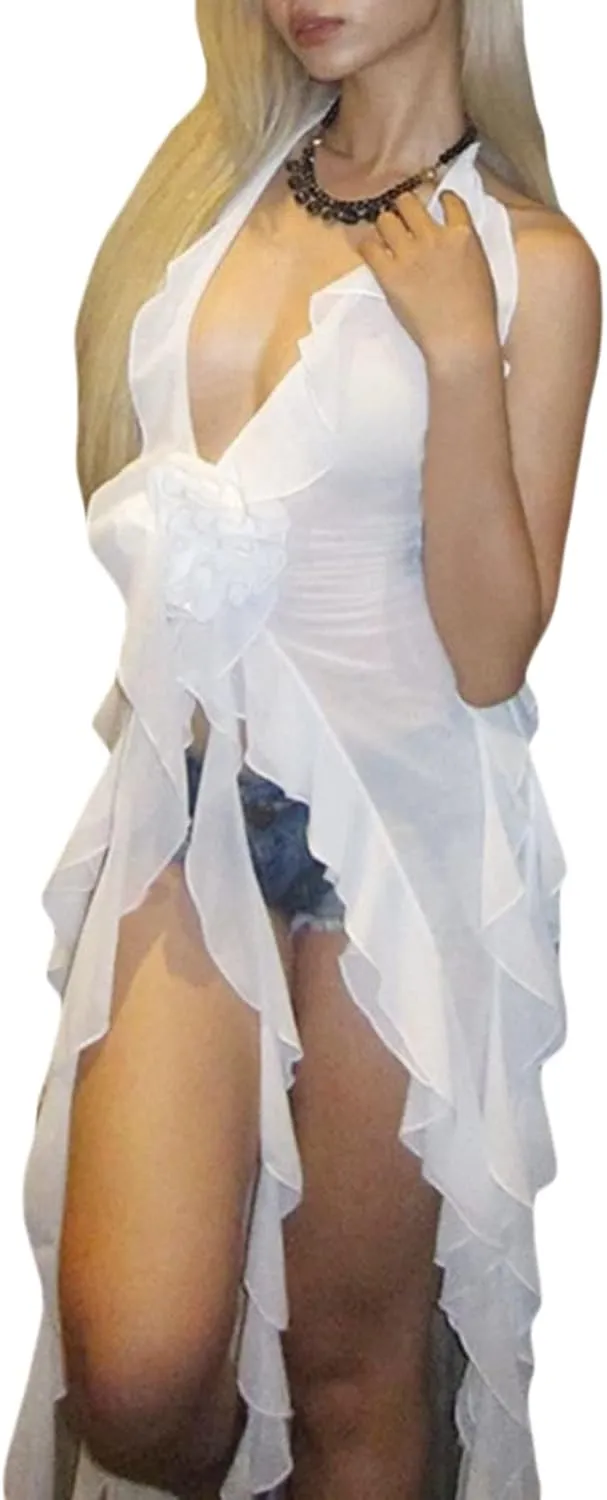 Women Sexy Ruffles Strapless Dress Mesh Floral Tassels Split Maxi Dress Ruched Bodycon Tube Long Dresses Party Outfits