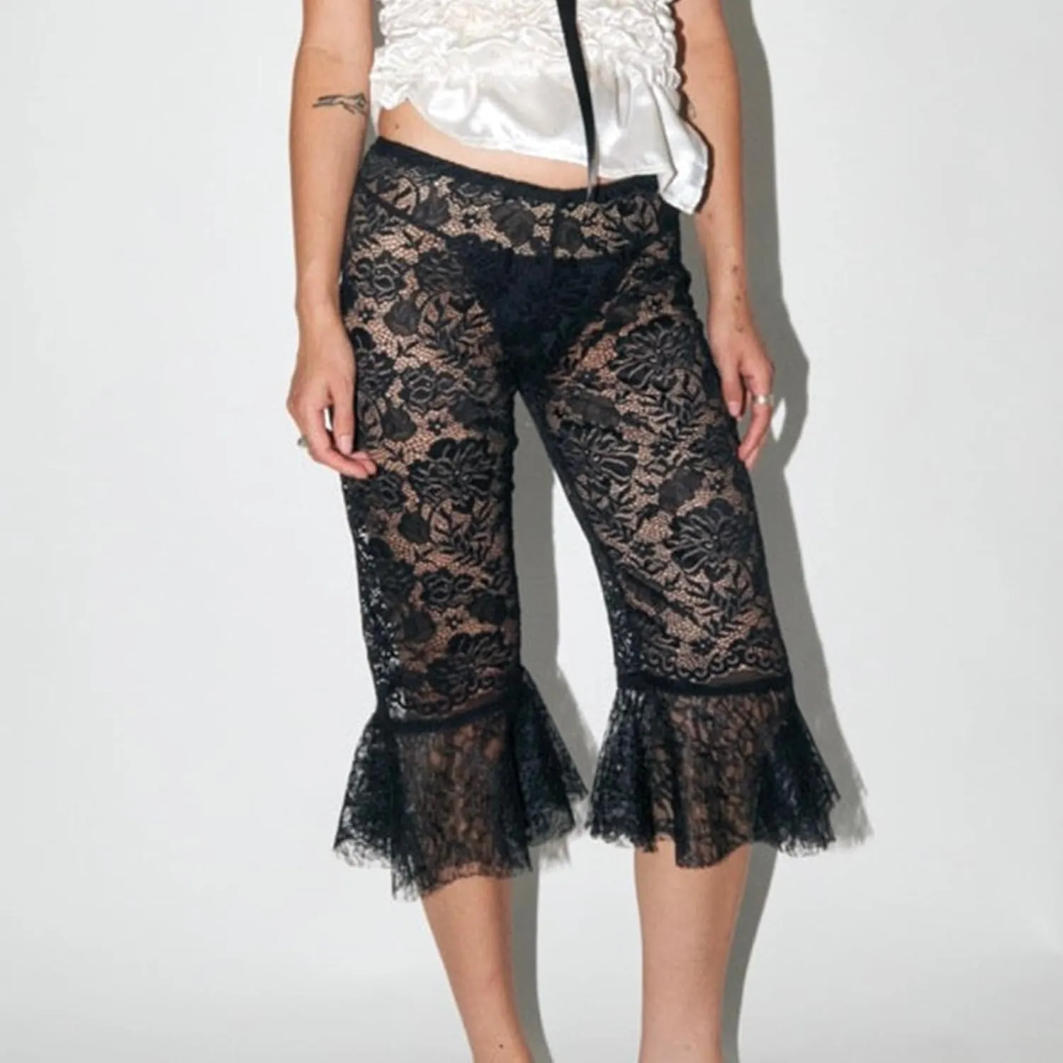 Women Sheer Floral Lace Leggings Capris Y2K See Through Knee Length Tights Thigh High Stockings
