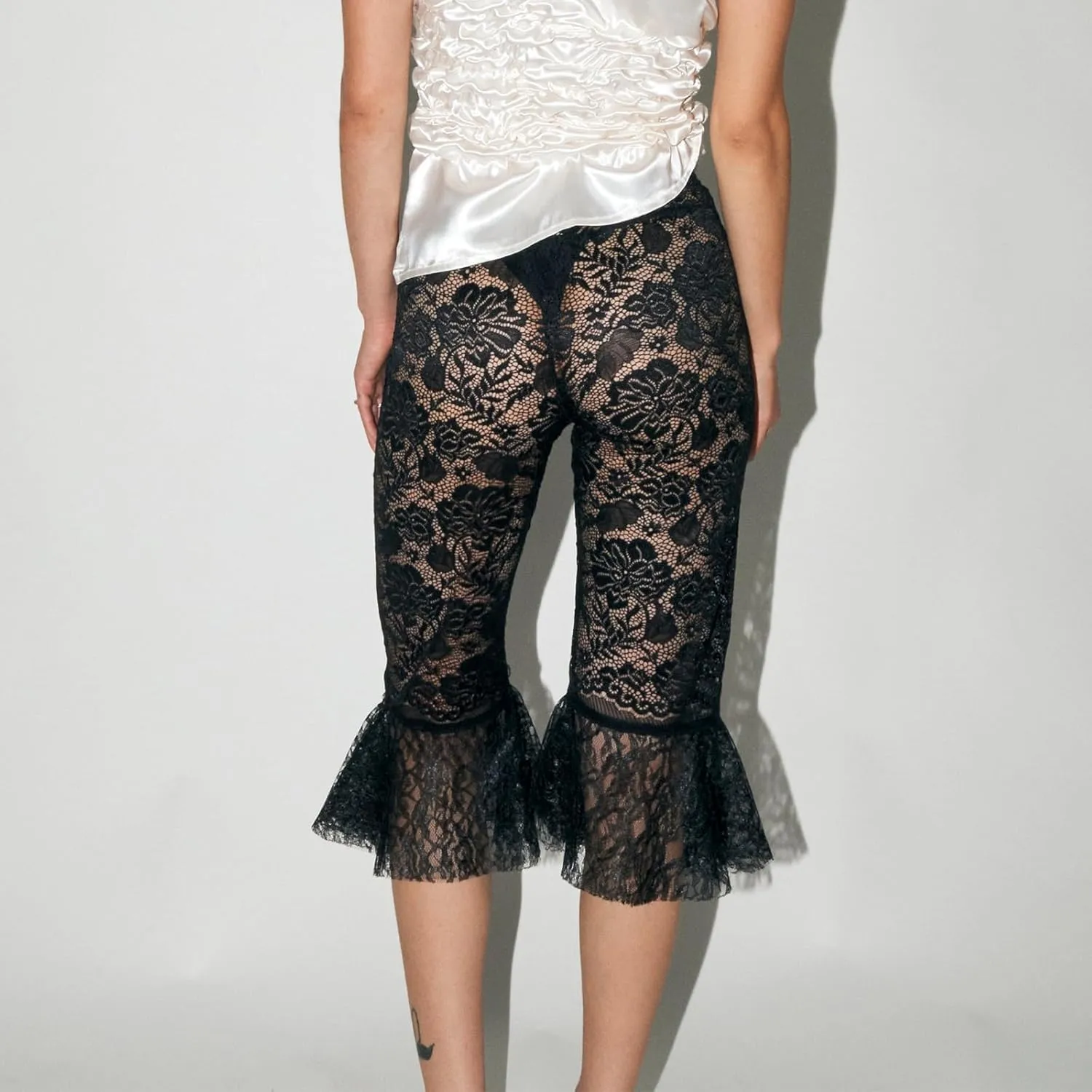Women Sheer Floral Lace Leggings Capris Y2K See Through Knee Length Tights Thigh High Stockings