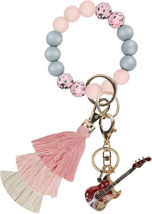 Women Silicone Keychain Bracelet Beaded Wristlet Key Ring Pink Bangle