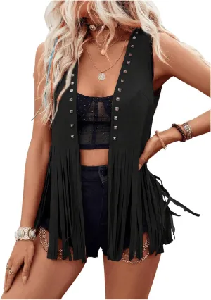 Women Sleeveless Faux Suede Fringe Vest Rivets Leather Western Boho Tassel Jacket Open Front Hippie Cardigan