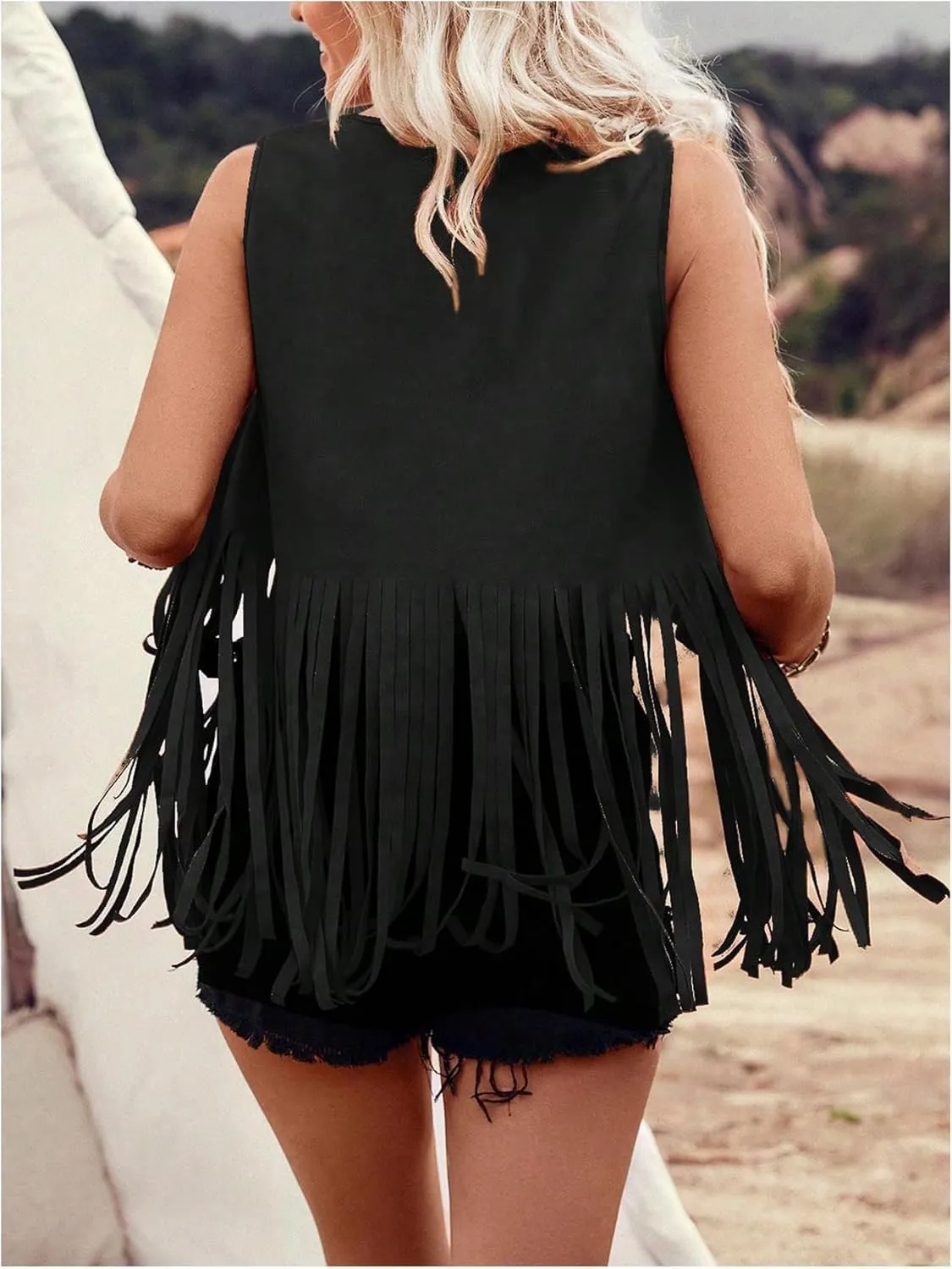 Women Sleeveless Faux Suede Fringe Vest Rivets Leather Western Boho Tassel Jacket Open Front Hippie Cardigan