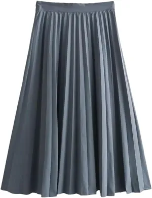 Women Solid Casual Long Skirt High Waist Pleated Business A-Line Midi Skirts
