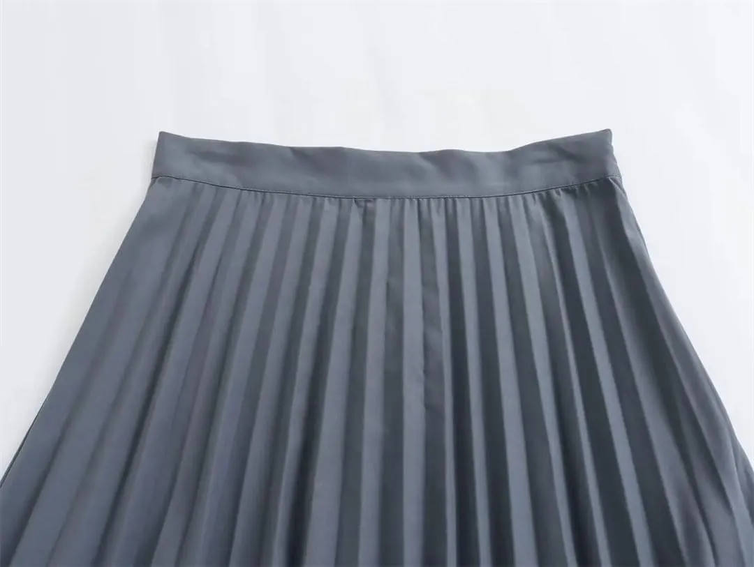 Women Solid Casual Long Skirt High Waist Pleated Business A-Line Midi Skirts