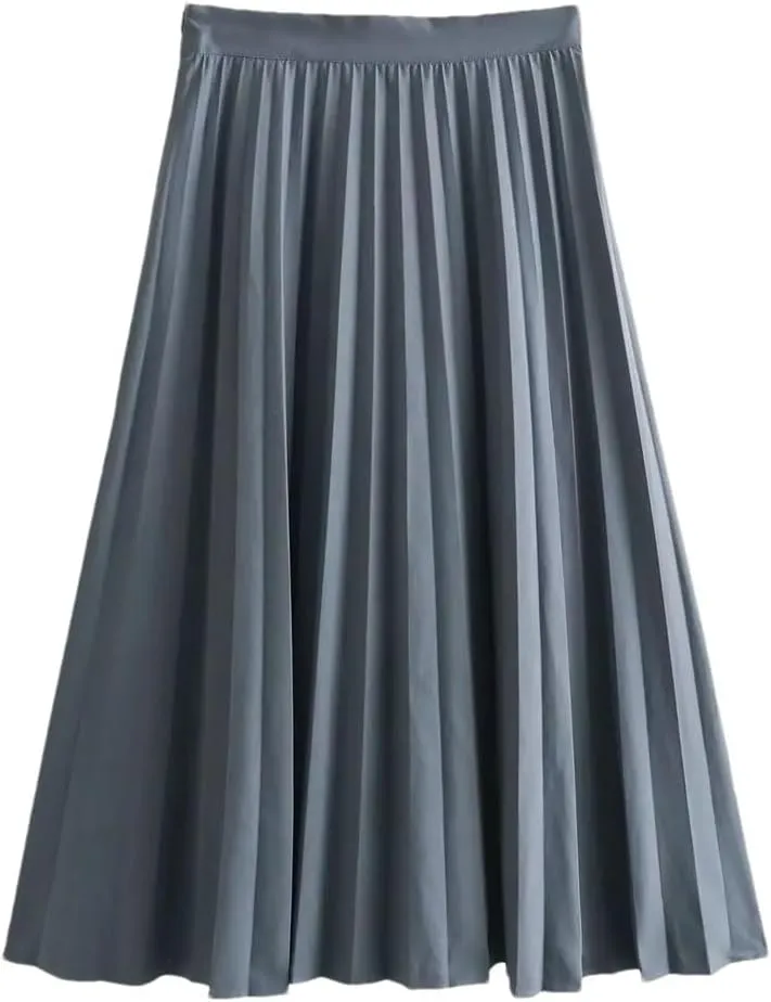 Women Solid Casual Long Skirt High Waist Pleated Business A-Line Midi Skirts