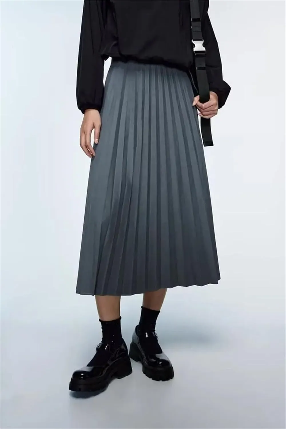 Women Solid Casual Long Skirt High Waist Pleated Business A-Line Midi Skirts