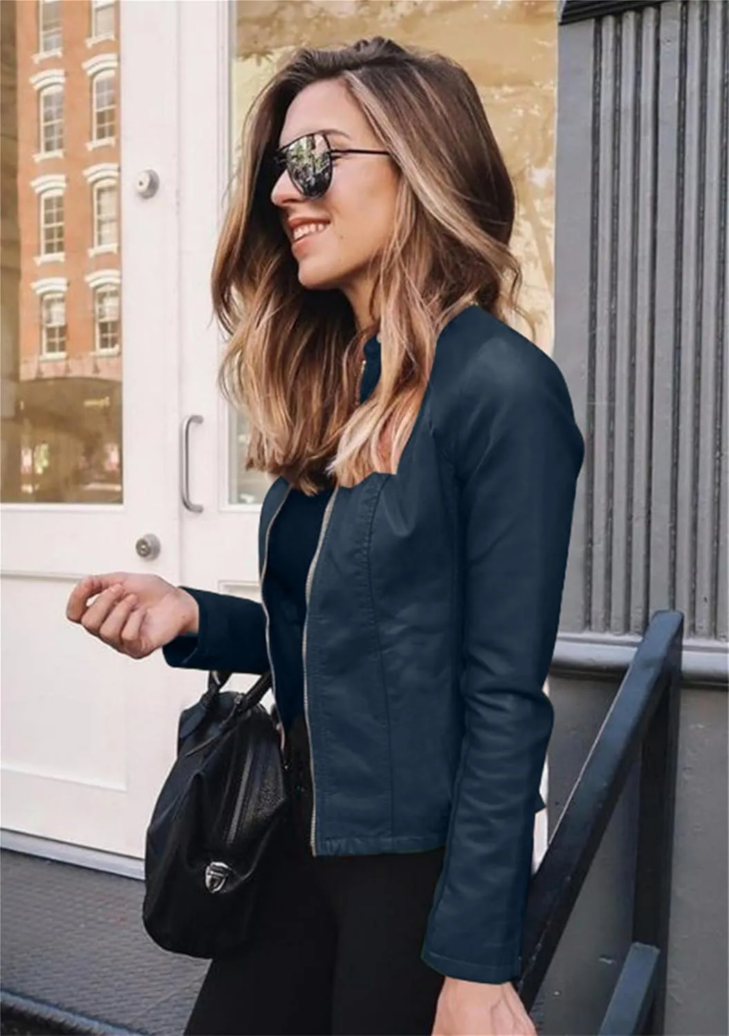 Women Solid Color Long Sleeve Jackets Stand Collar Zipper Coat Slim Casual Work Blazer