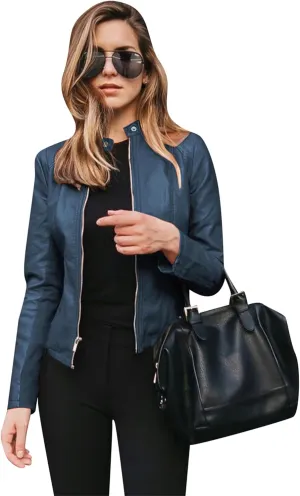 Women Solid Color Long Sleeve Jackets Stand Collar Zipper Coat Slim Casual Work Blazer