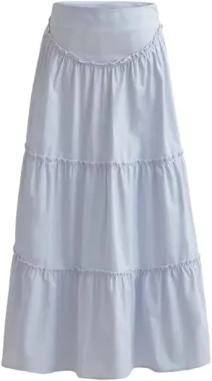 Women Solid Ruffles Skirt High Waist Pleated Side Zipper A Line Midi Skirts