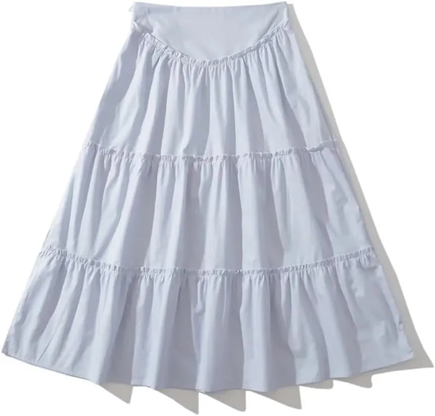 Women Solid Ruffles Skirt High Waist Pleated Side Zipper A Line Midi Skirts