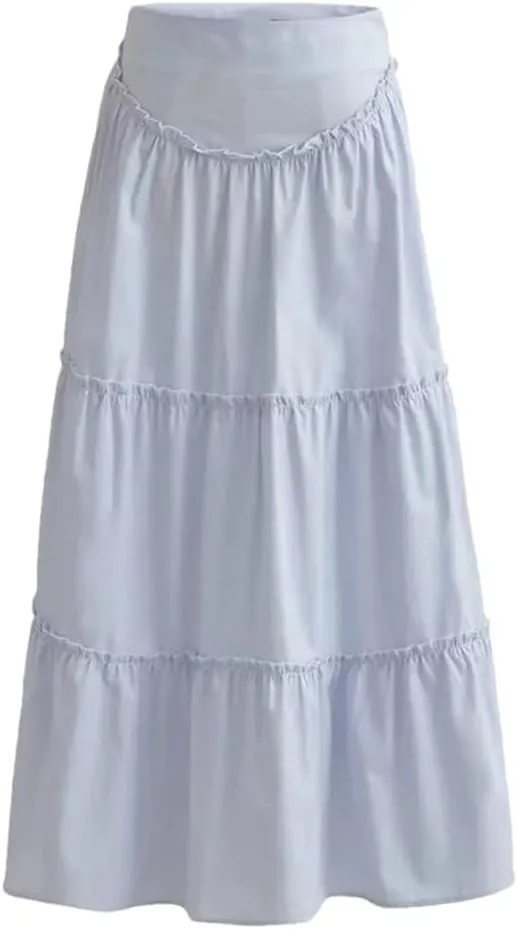 Women Solid Ruffles Skirt High Waist Pleated Side Zipper A Line Midi Skirts