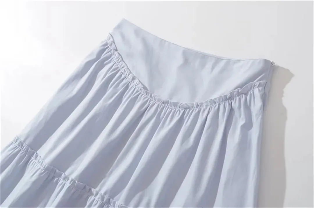Women Solid Ruffles Skirt High Waist Pleated Side Zipper A Line Midi Skirts