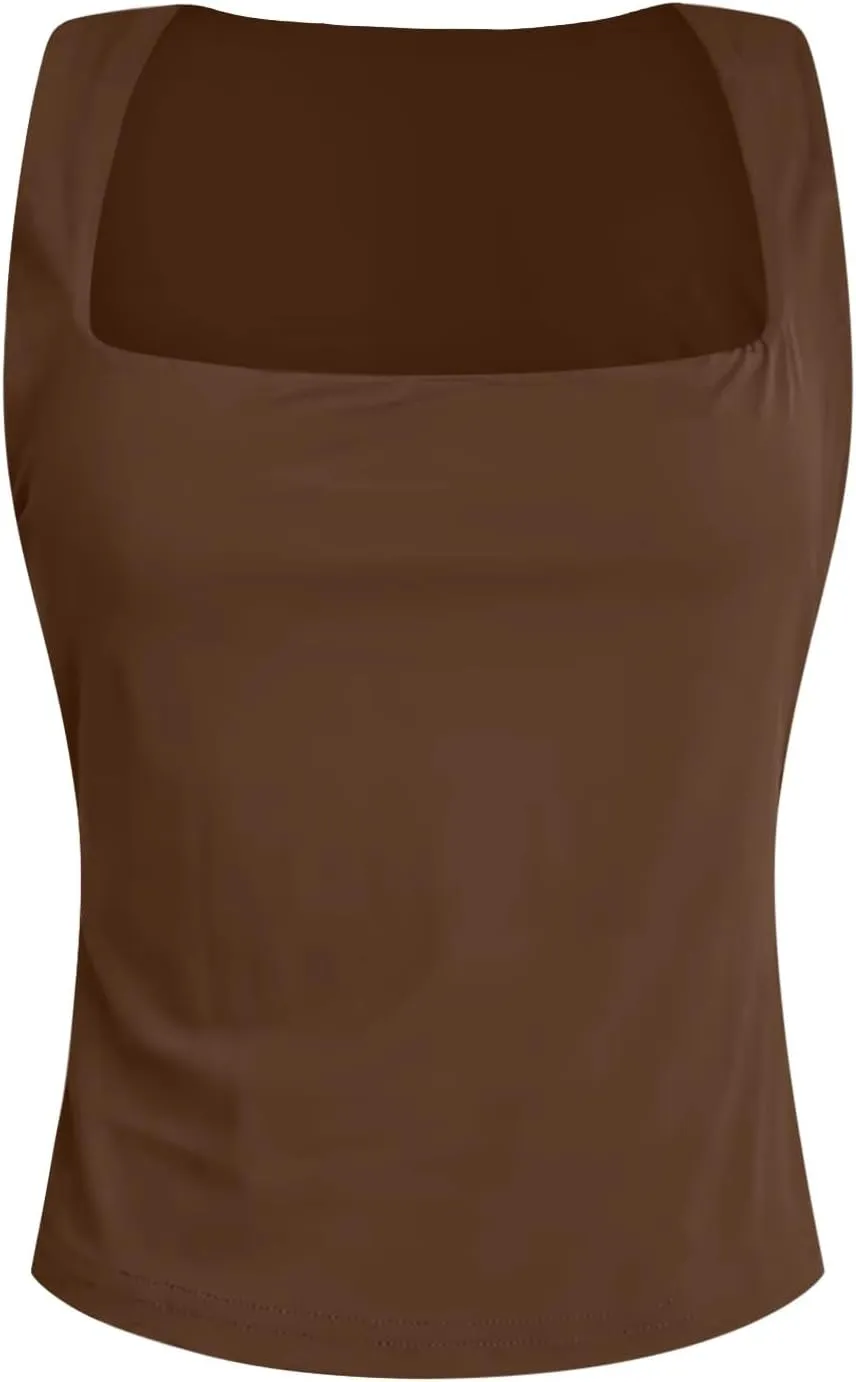 Women Square Neck Sleeveless Double Layer Tight Tank Top For Women Camisole Half Slip