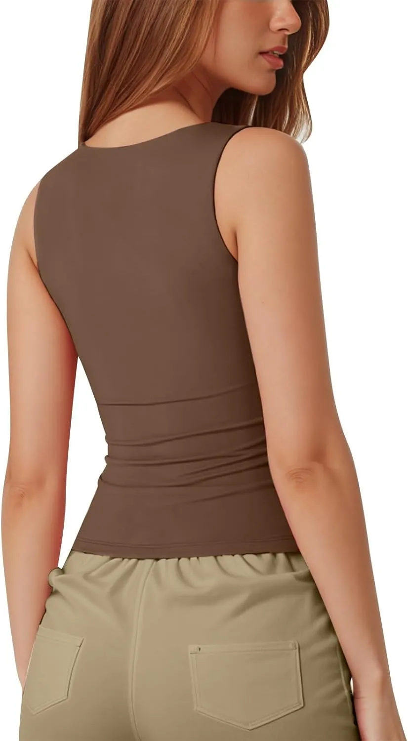 Women Square Neck Sleeveless Double Layer Tight Tank Top For Women Camisole Half Slip