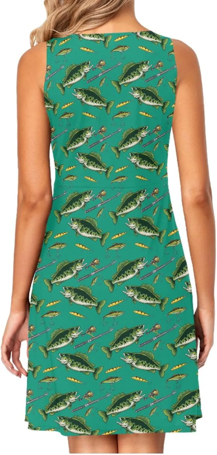 Women Summer Dresses Casual Beach Bass Fish Sleeveless Sundresses Tank Dress with Pockets