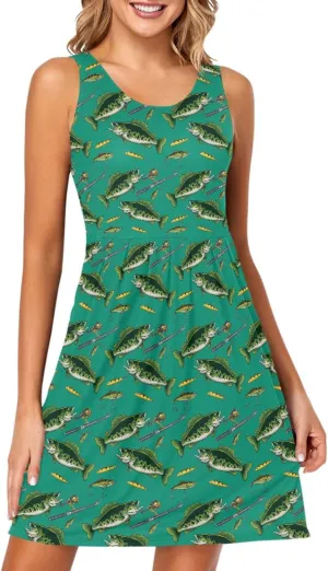 Women Summer Dresses Casual Beach Bass Fish Sleeveless Sundresses Tank Dress with Pockets