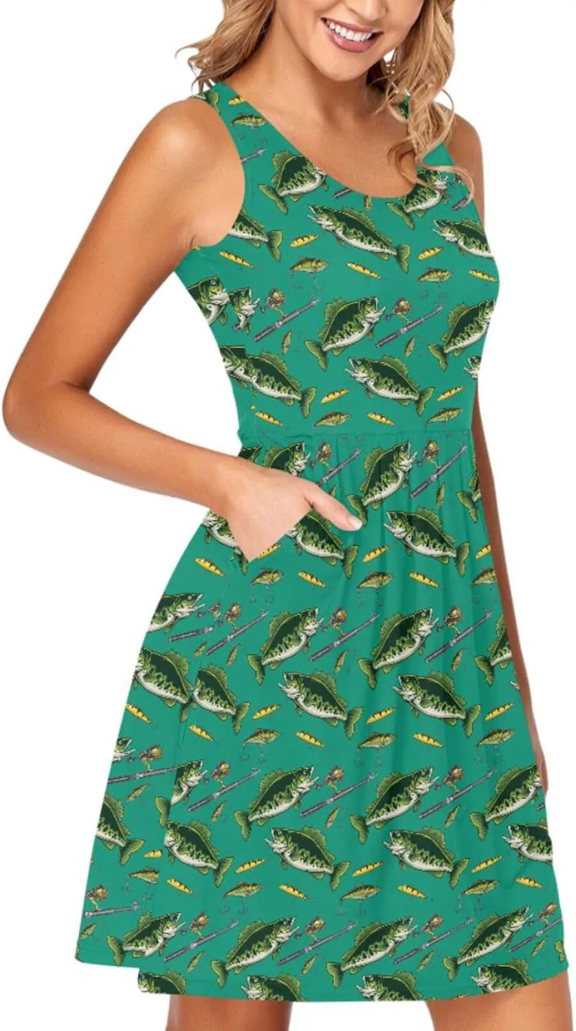Women Summer Dresses Casual Beach Bass Fish Sleeveless Sundresses Tank Dress with Pockets
