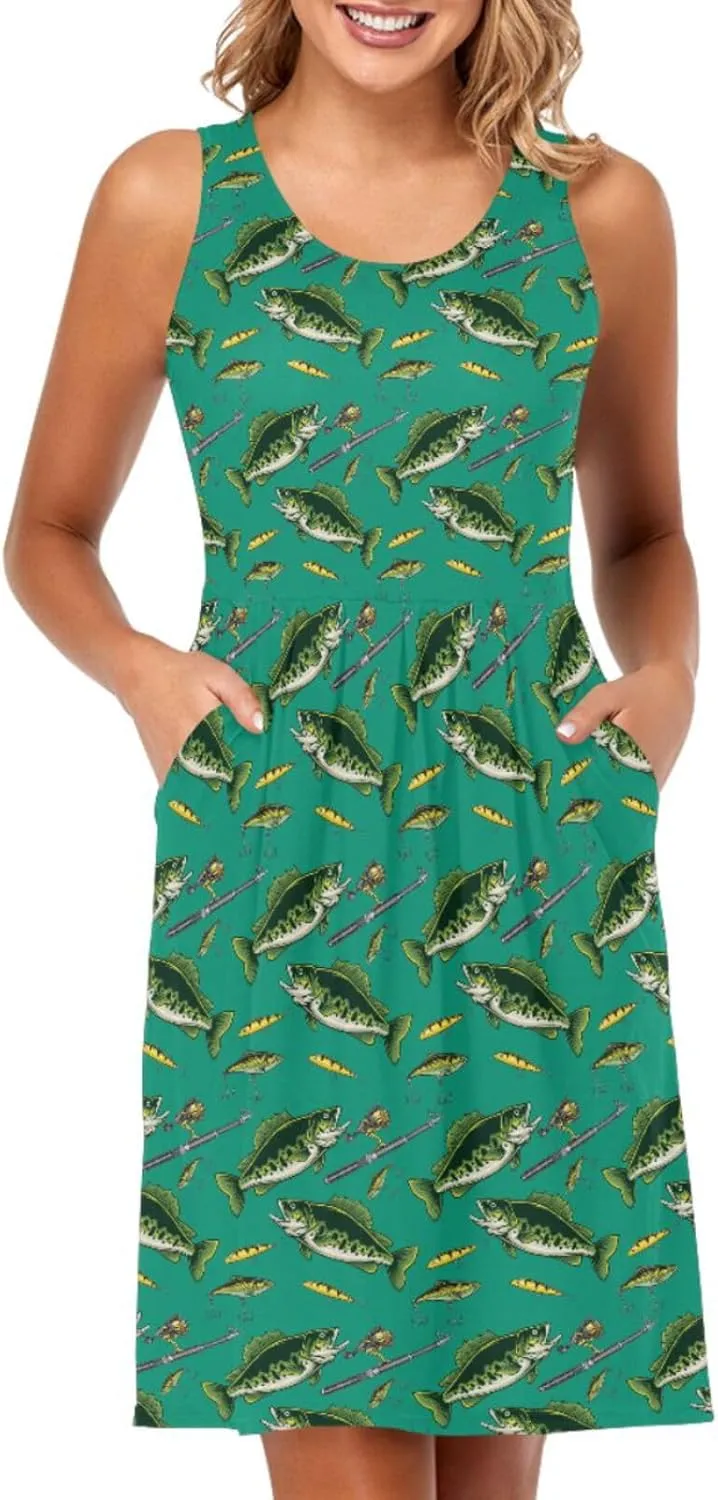Women Summer Dresses Casual Beach Bass Fish Sleeveless Sundresses Tank Dress with Pockets