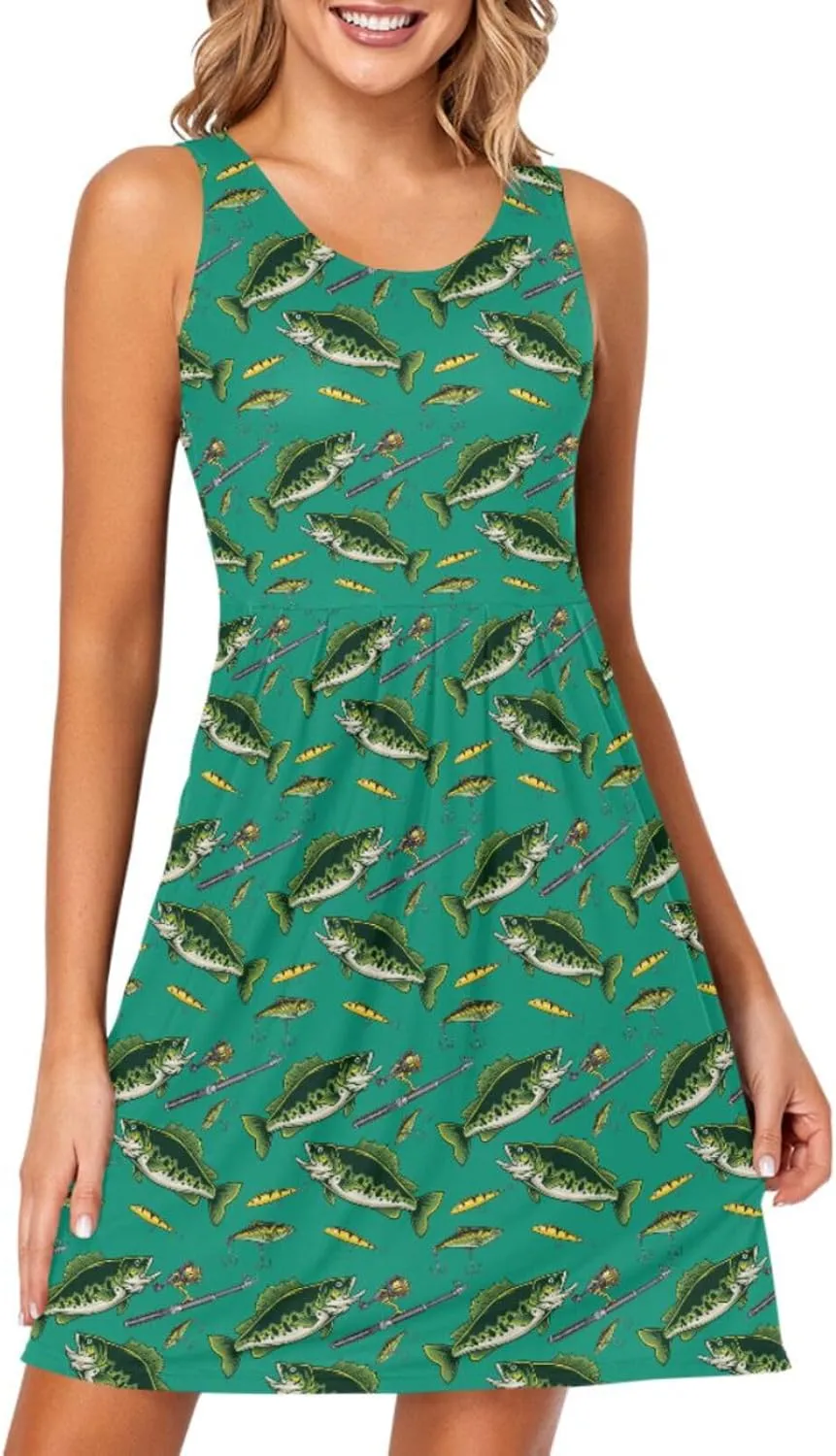 Women Summer Dresses Casual Beach Bass Fish Sleeveless Sundresses Tank Dress with Pockets