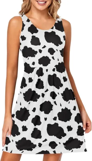 Women Summer Dresses Casual Beach Cow Print Sleeveless Sundresses Tank Dress with Pockets