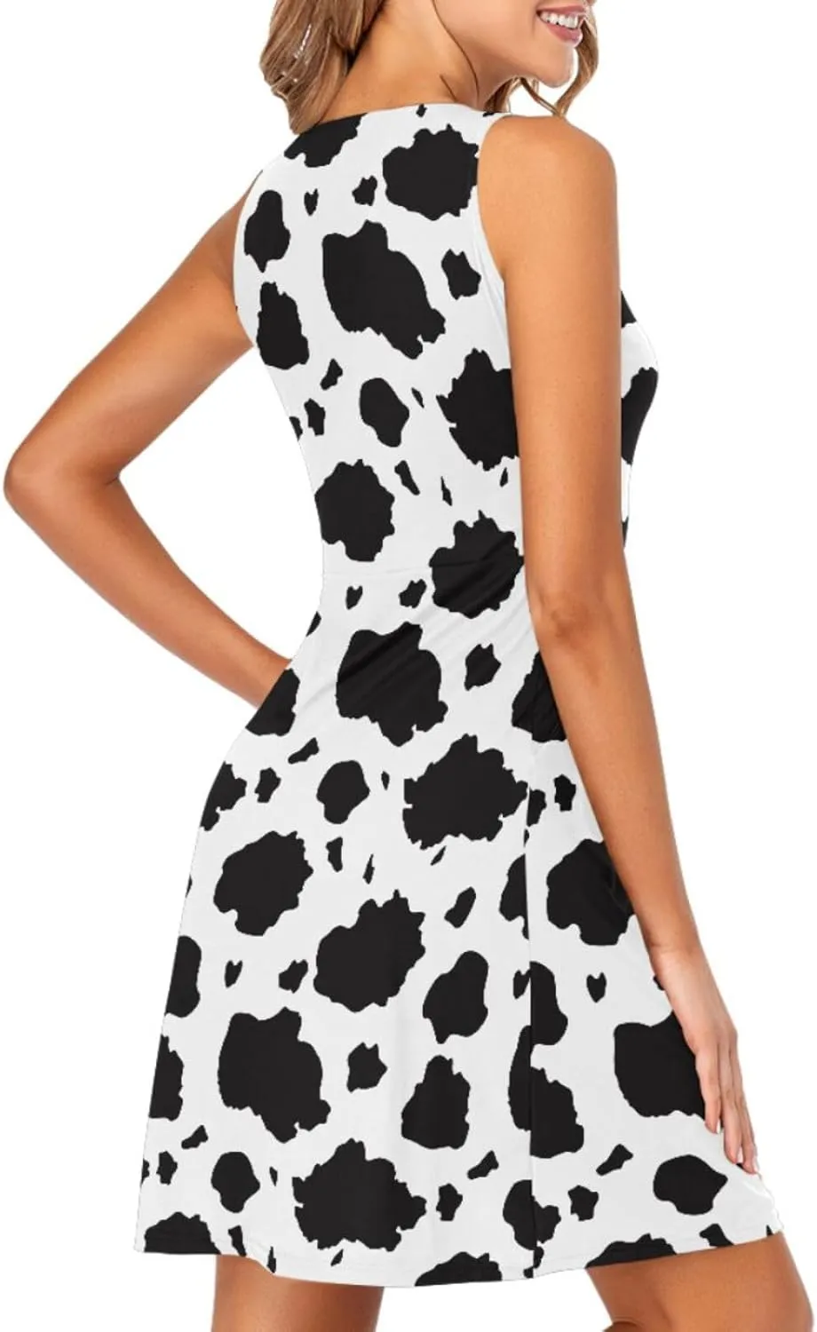 Women Summer Dresses Casual Beach Cow Print Sleeveless Sundresses Tank Dress with Pockets