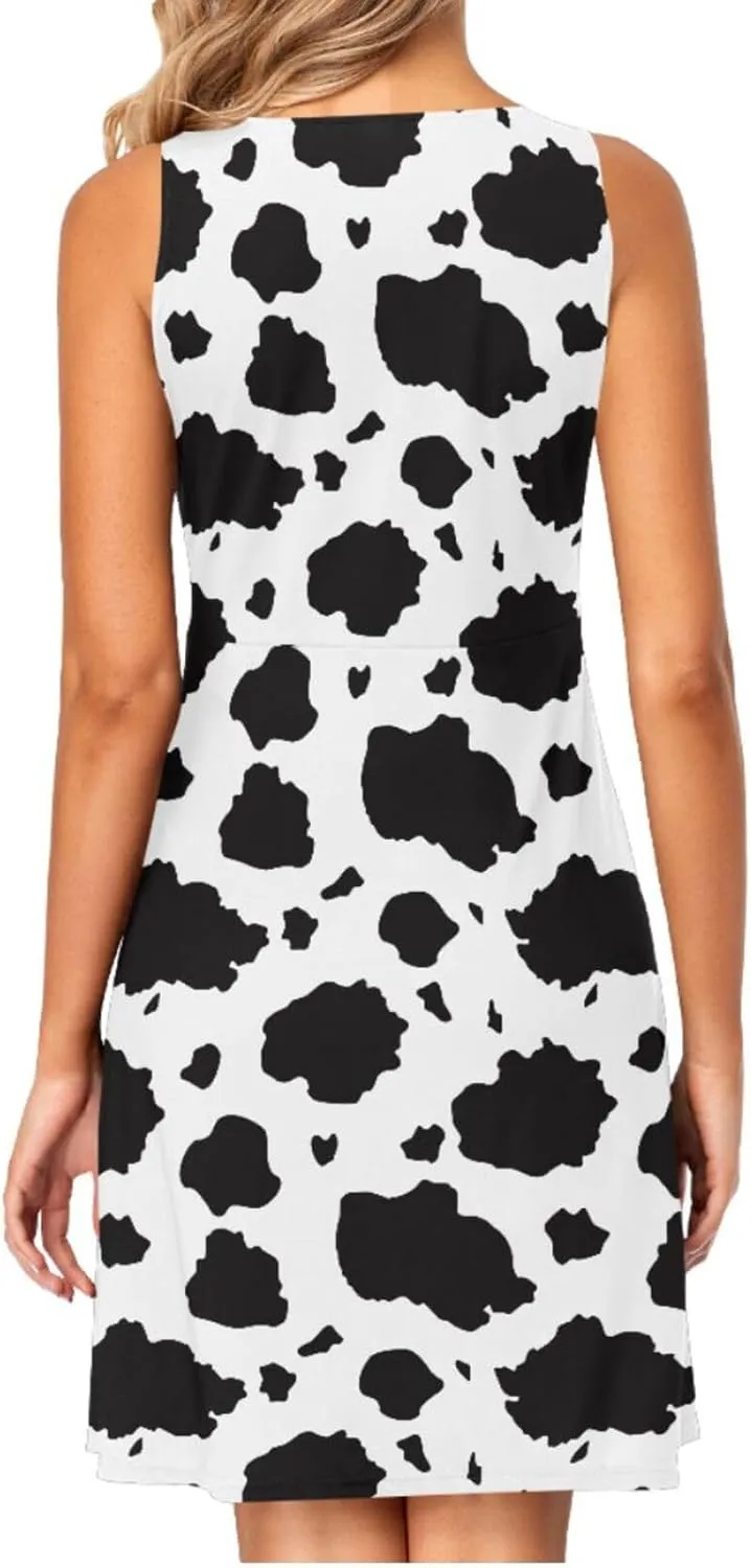 Women Summer Dresses Casual Beach Cow Print Sleeveless Sundresses Tank Dress with Pockets