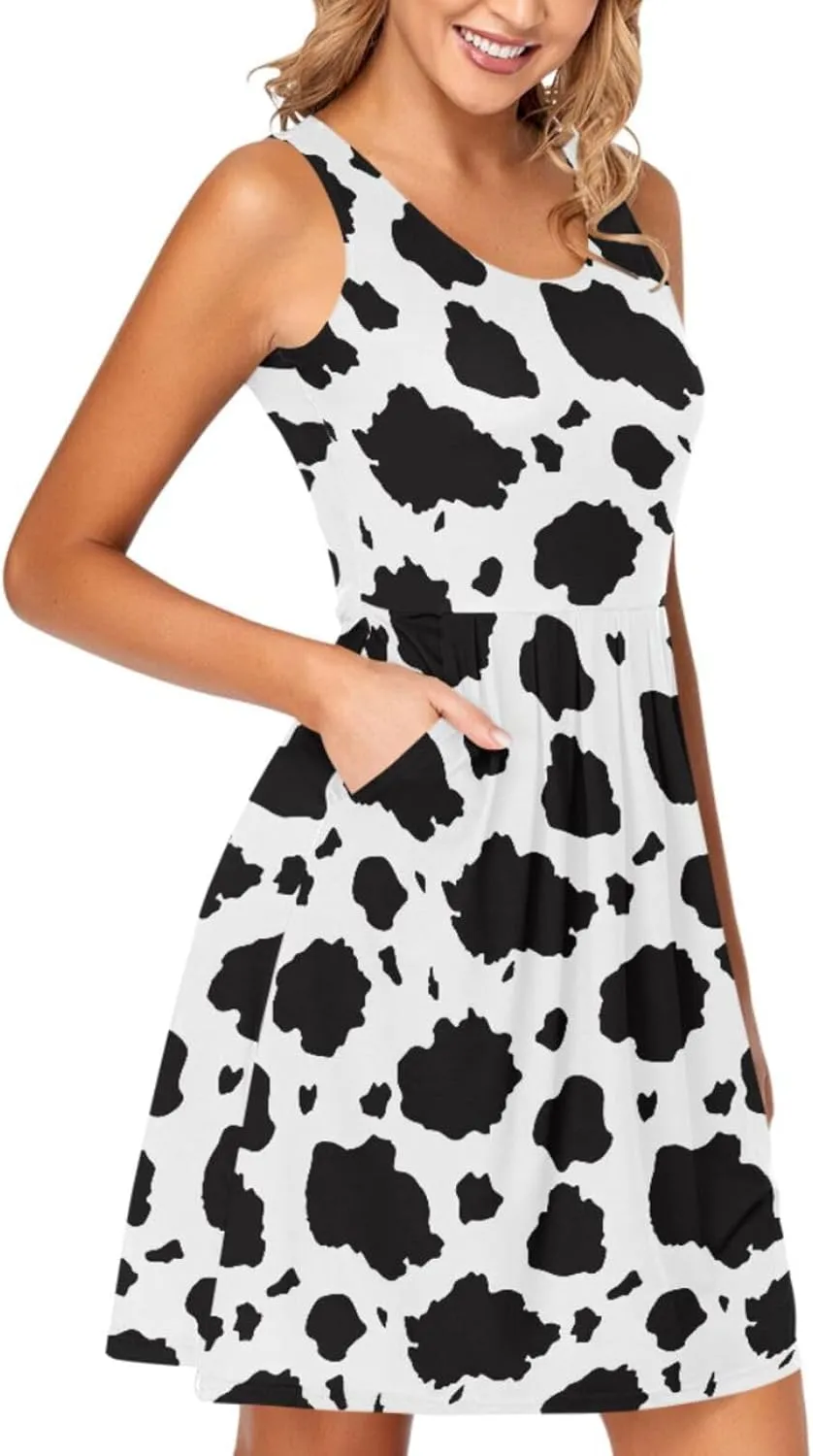 Women Summer Dresses Casual Beach Cow Print Sleeveless Sundresses Tank Dress with Pockets