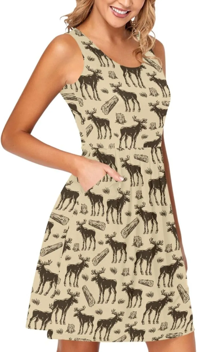 Women Summer Dresses Casual Beach Moose Sleeveless Sundresses Tank Dress with Pockets