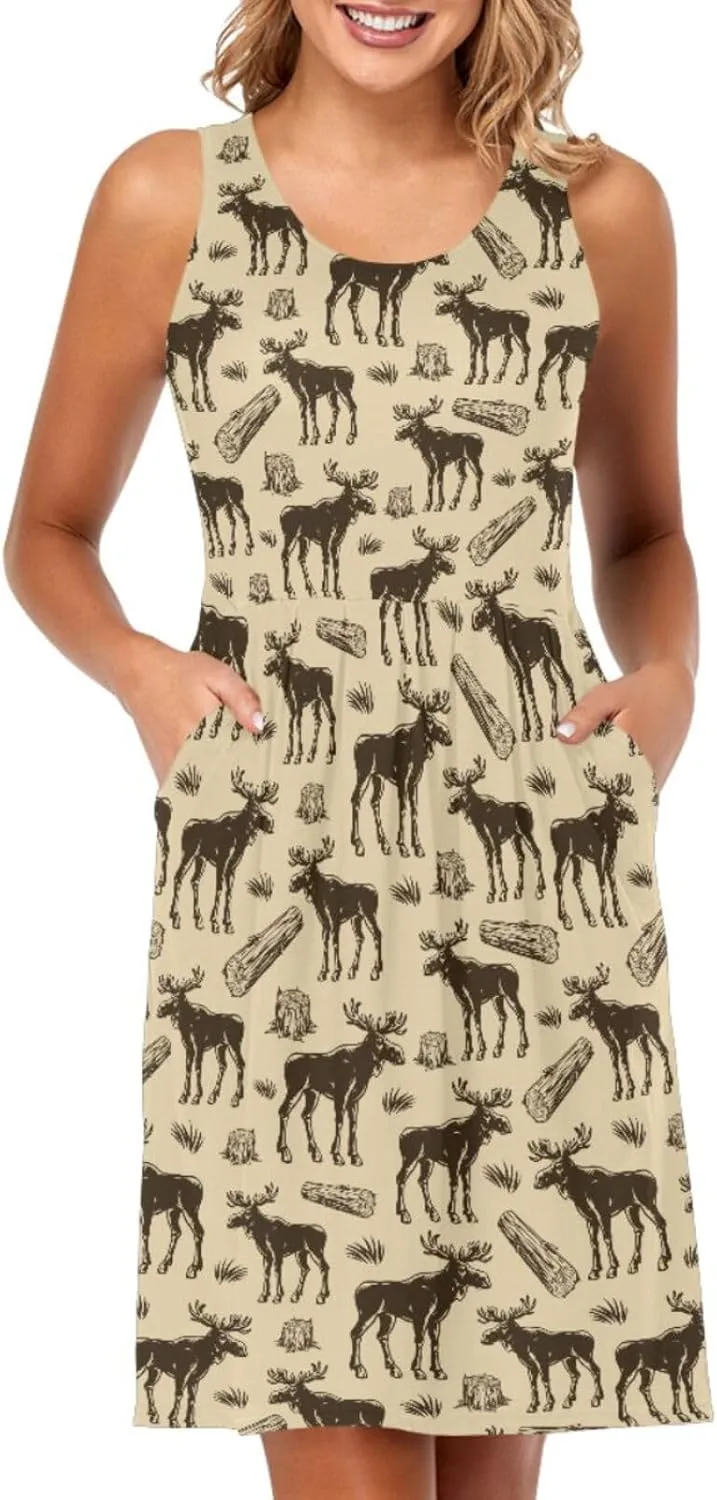 Women Summer Dresses Casual Beach Moose Sleeveless Sundresses Tank Dress with Pockets