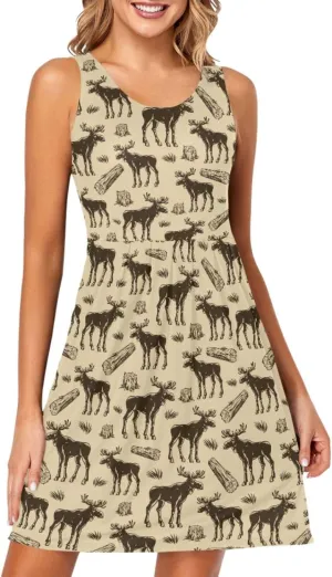 Women Summer Dresses Casual Beach Moose Sleeveless Sundresses Tank Dress with Pockets