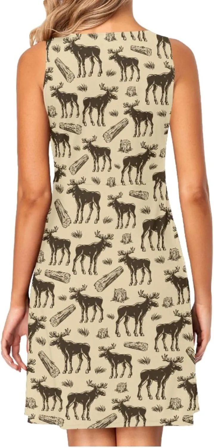Women Summer Dresses Casual Beach Moose Sleeveless Sundresses Tank Dress with Pockets