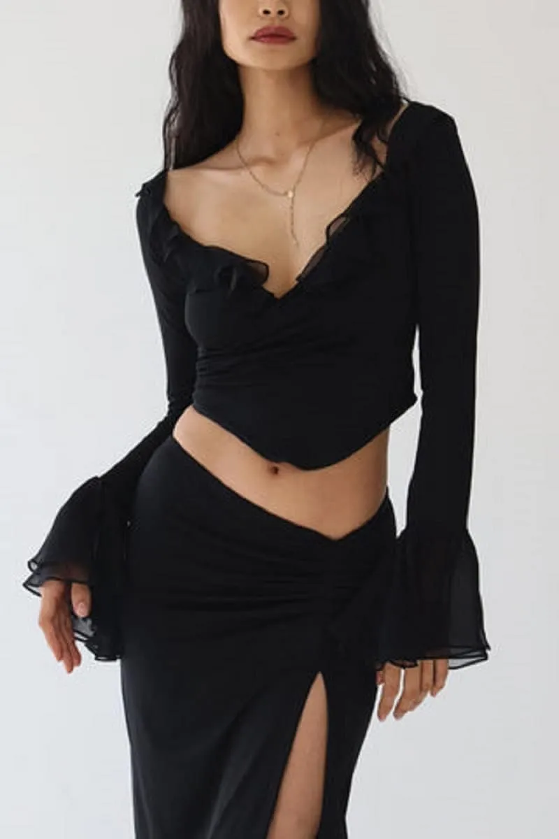 Women Y2K Ruffle Mesh 2 Piece Skirt Set Sheer Sleeveless Tube Top Flower Ruffle Split Mini Skirt Streetwear Outfits