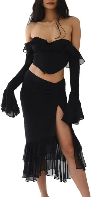 Women Y2K Ruffle Mesh 2 Piece Skirt Set Sheer Sleeveless Tube Top Flower Ruffle Split Mini Skirt Streetwear Outfits