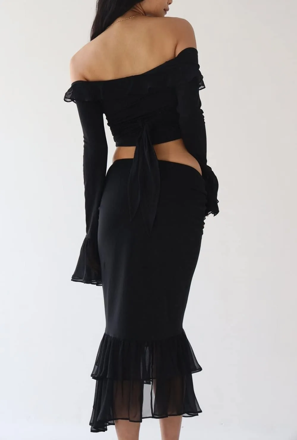 Women Y2K Ruffle Mesh 2 Piece Skirt Set Sheer Sleeveless Tube Top Flower Ruffle Split Mini Skirt Streetwear Outfits