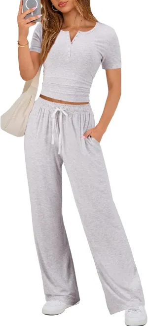 Women's 2 Piece Outfits Lounge Sets Button Down Short Sleeve Top and Wide Leg Pants Sweatsuit Tracksuits Loungewear