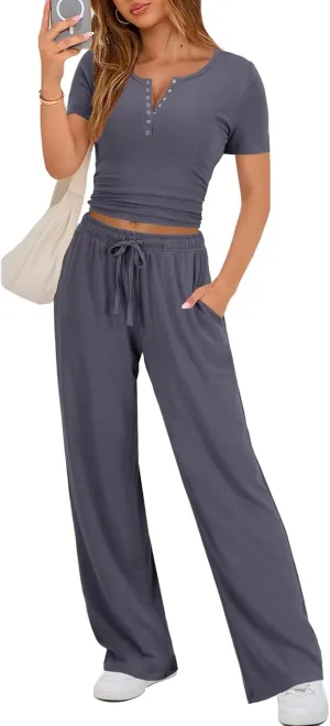 Women's 2 Piece Outfits Lounge Sets Button Down Short Sleeve Top and Wide Leg Pants Sweatsuit Tracksuits Loungewear