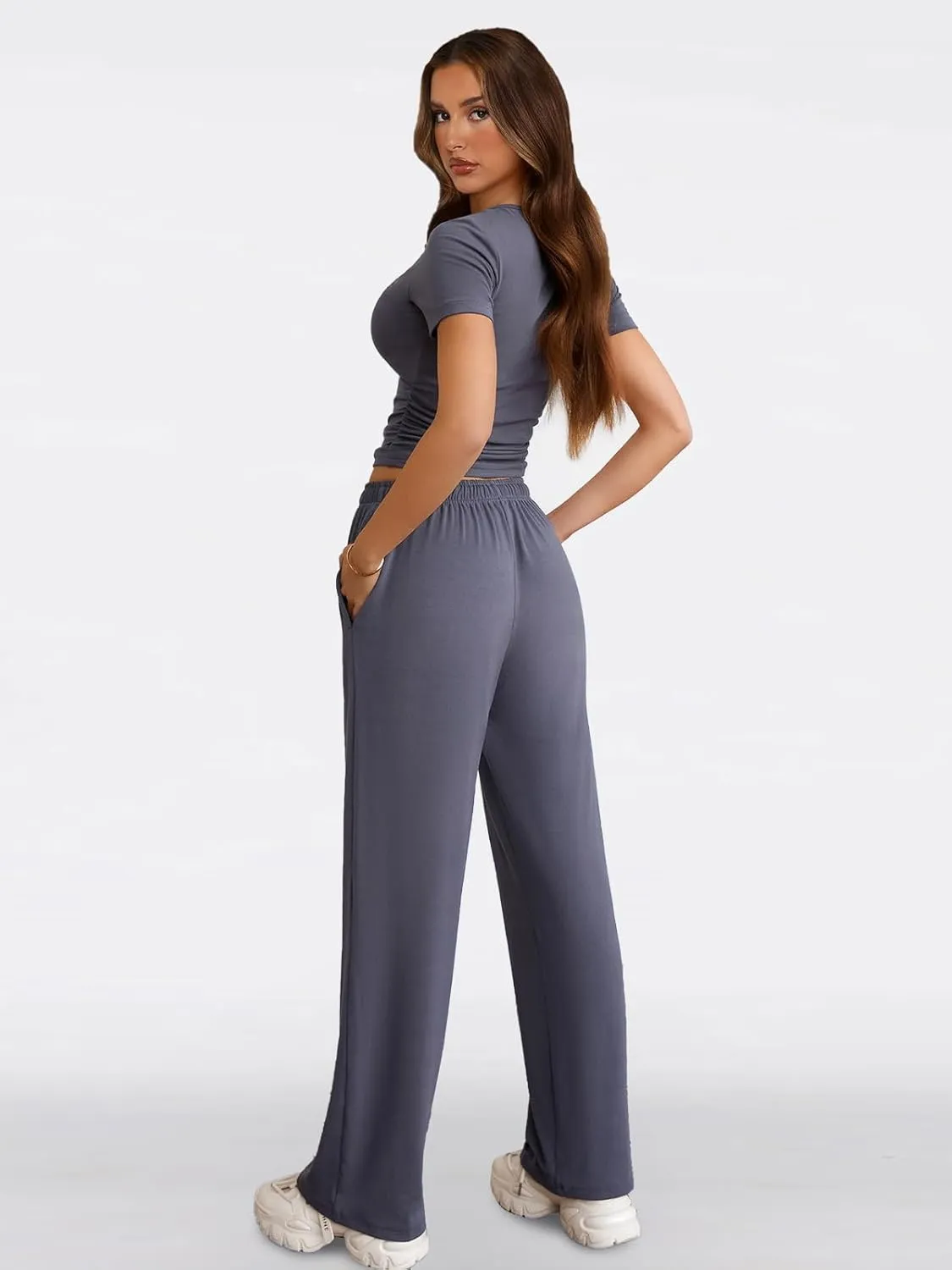 Women's 2 Piece Outfits Lounge Sets Button Down Short Sleeve Top and Wide Leg Pants Sweatsuit Tracksuits Loungewear