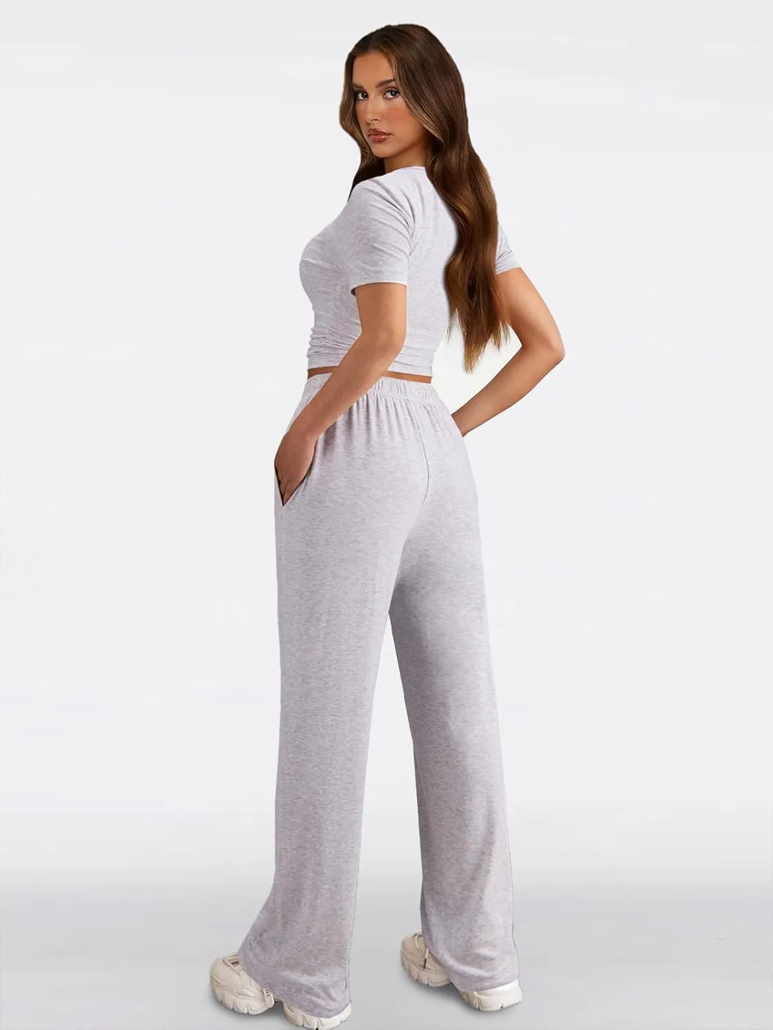Women's 2 Piece Outfits Lounge Sets Button Down Short Sleeve Top and Wide Leg Pants Sweatsuit Tracksuits Loungewear