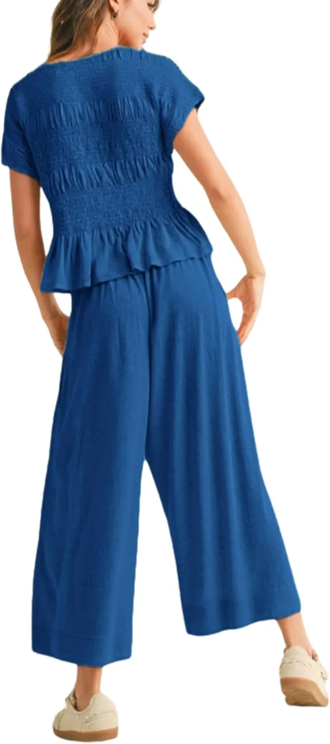 Womens 2-Piece Smocked Top & Wide-Leg Pants SetHigh-Waisted Lounge Outfit with Pockets Casual Boho Matching Set