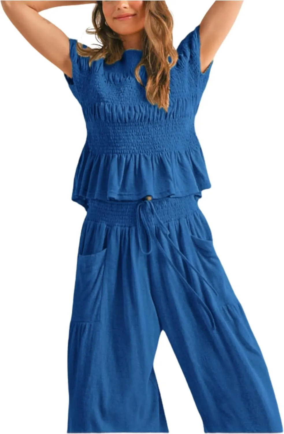 Womens 2-Piece Smocked Top & Wide-Leg Pants SetHigh-Waisted Lounge Outfit with Pockets Casual Boho Matching Set