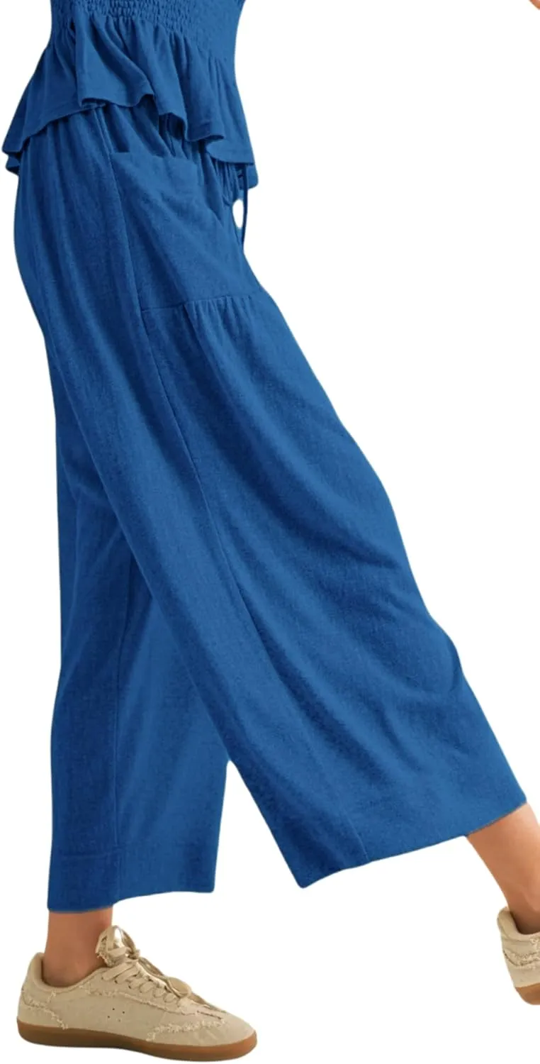 Womens 2-Piece Smocked Top & Wide-Leg Pants SetHigh-Waisted Lounge Outfit with Pockets Casual Boho Matching Set