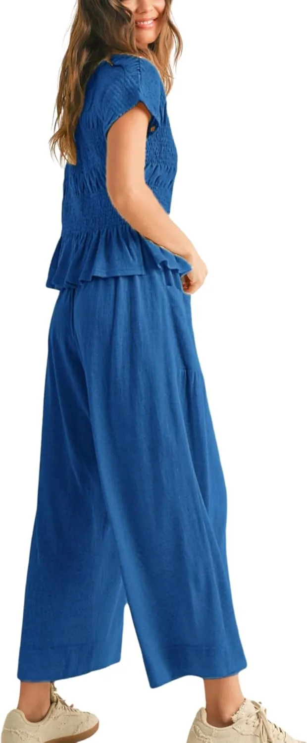 Womens 2-Piece Smocked Top & Wide-Leg Pants SetHigh-Waisted Lounge Outfit with Pockets Casual Boho Matching Set