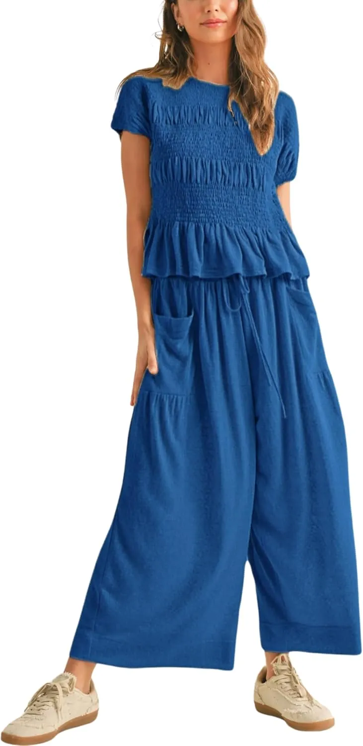 Womens 2-Piece Smocked Top & Wide-Leg Pants SetHigh-Waisted Lounge Outfit with Pockets Casual Boho Matching Set